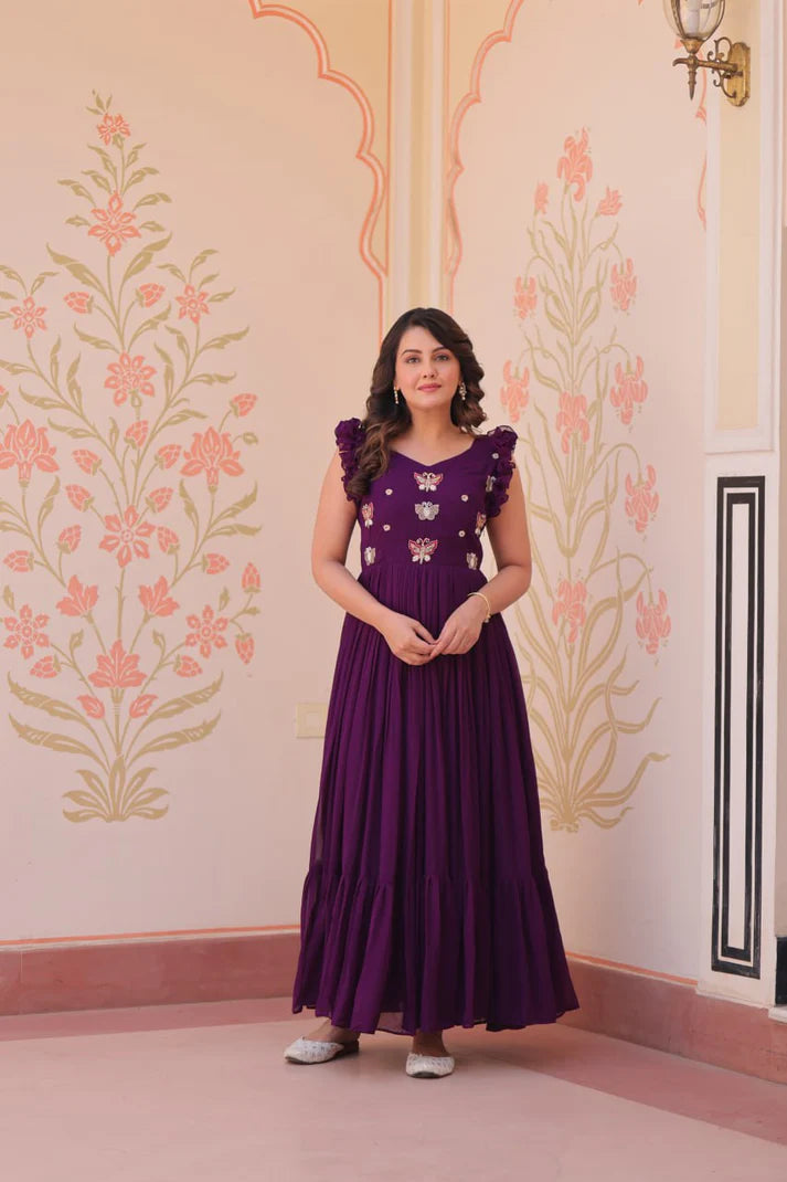 DIXZ FASHION FAUX BLOOMING WITH SEQUINS & EMBROIDERED WORK GOWN