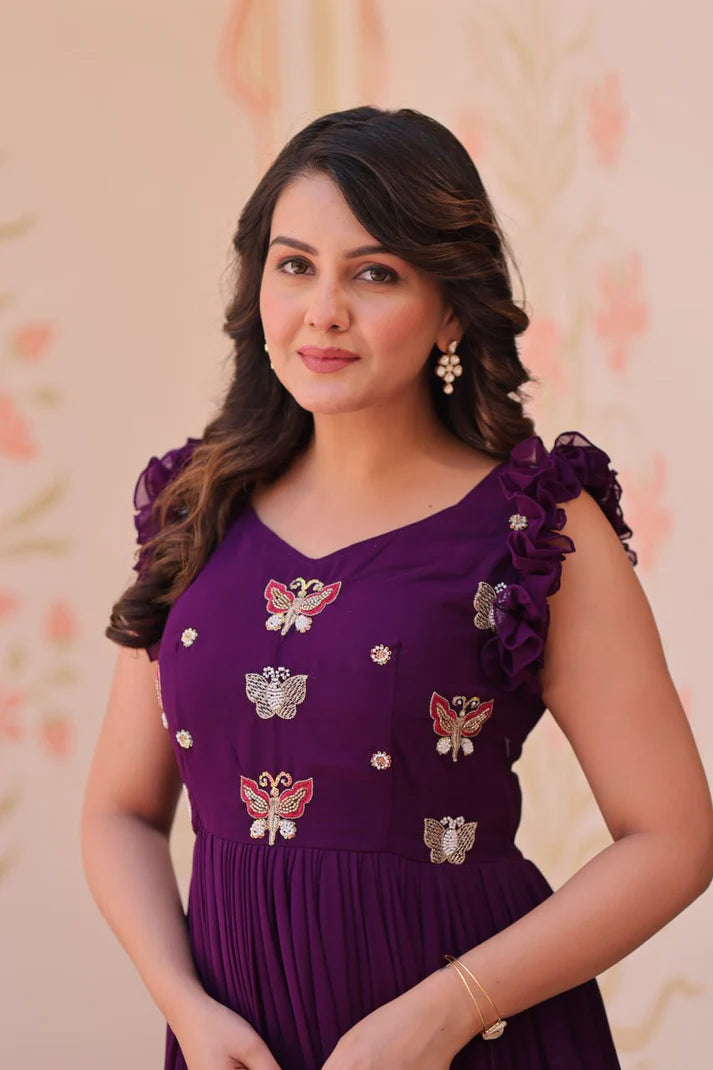 DIXZ FASHION FAUX BLOOMING WITH SEQUINS & EMBROIDERED WORK GOWN