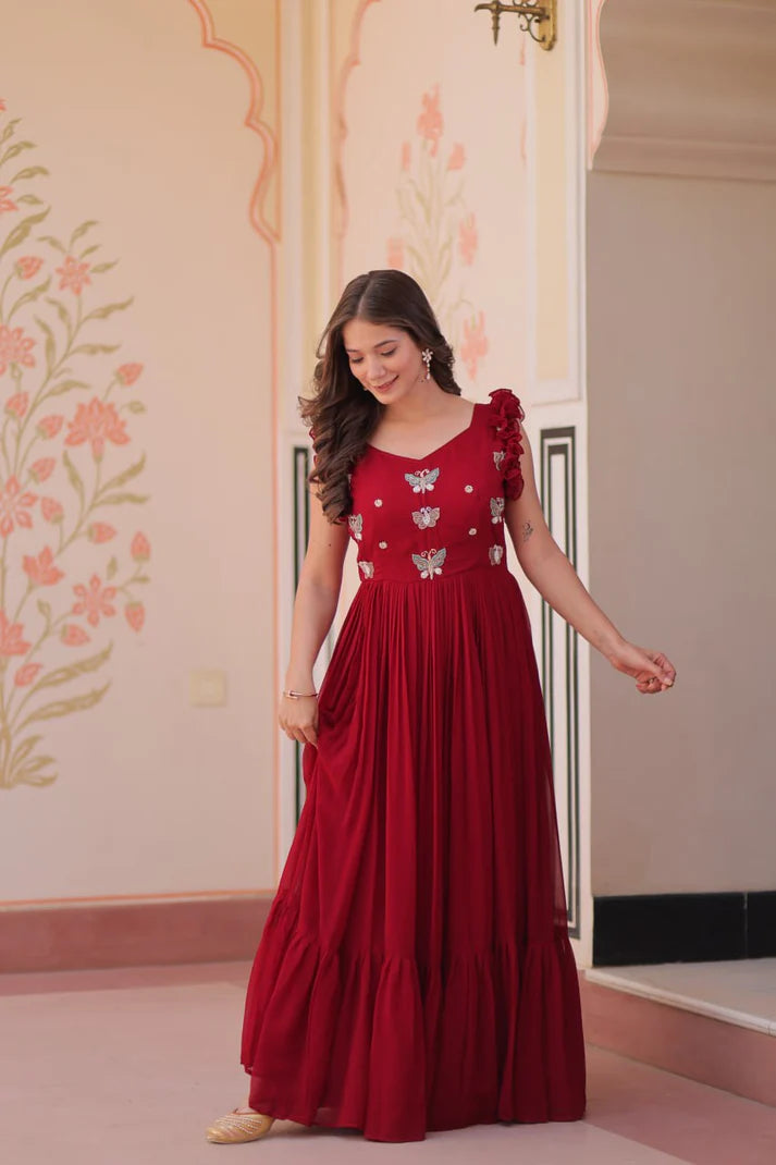 DIXZ FASHION FAUX BLOOMING WITH SEQUINS & EMBROIDERED WORK GOWN