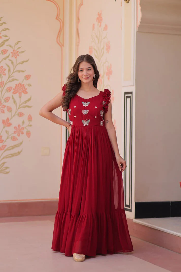 DIXZ FASHION FAUX BLOOMING WITH SEQUINS & EMBROIDERED WORK GOWN