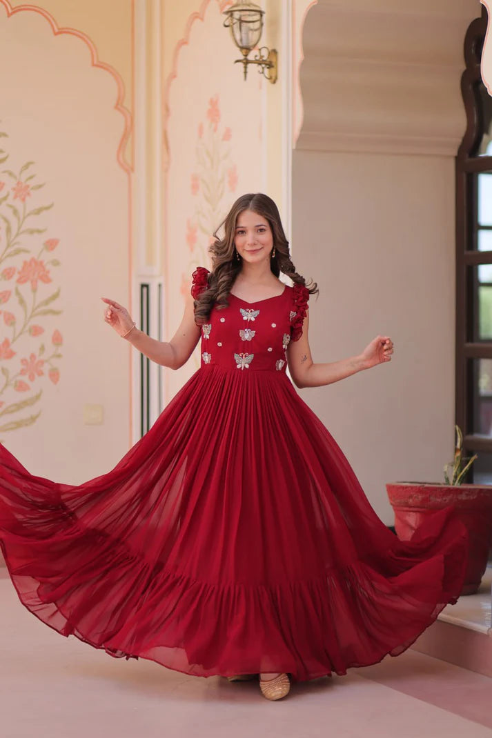 DIXZ FASHION FAUX BLOOMING WITH SEQUINS & EMBROIDERED WORK GOWN