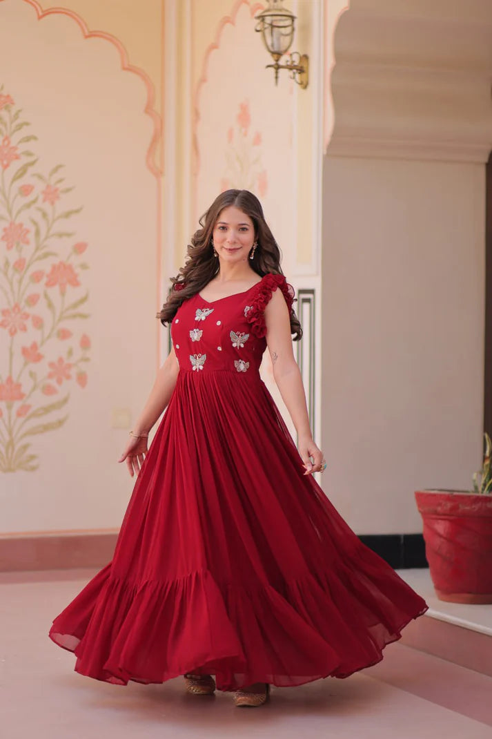 DIXZ FASHION FAUX BLOOMING WITH SEQUINS & EMBROIDERED WORK GOWN