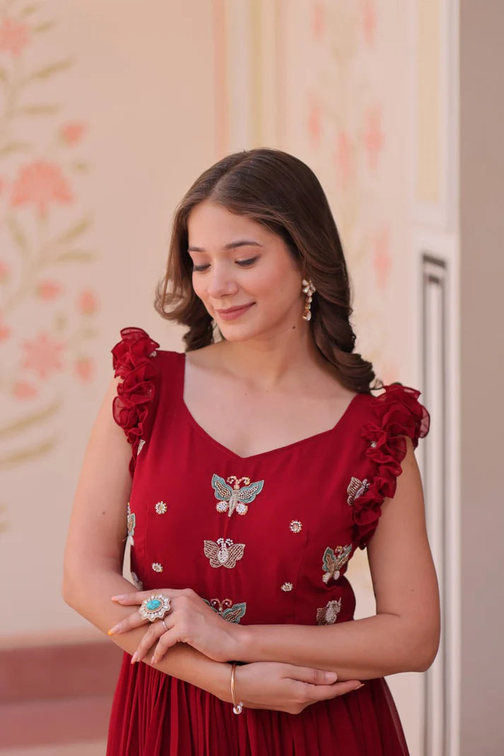 DIXZ FASHION FAUX BLOOMING WITH SEQUINS & EMBROIDERED WORK GOWN