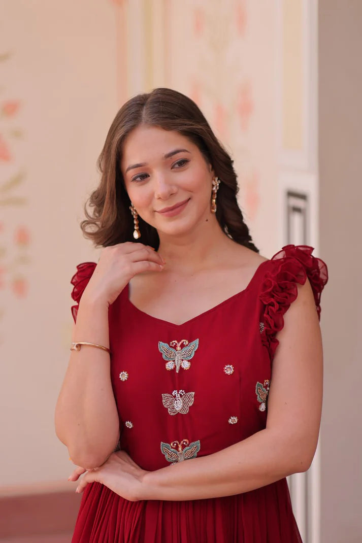 DIXZ FASHION FAUX BLOOMING WITH SEQUINS & EMBROIDERED WORK GOWN