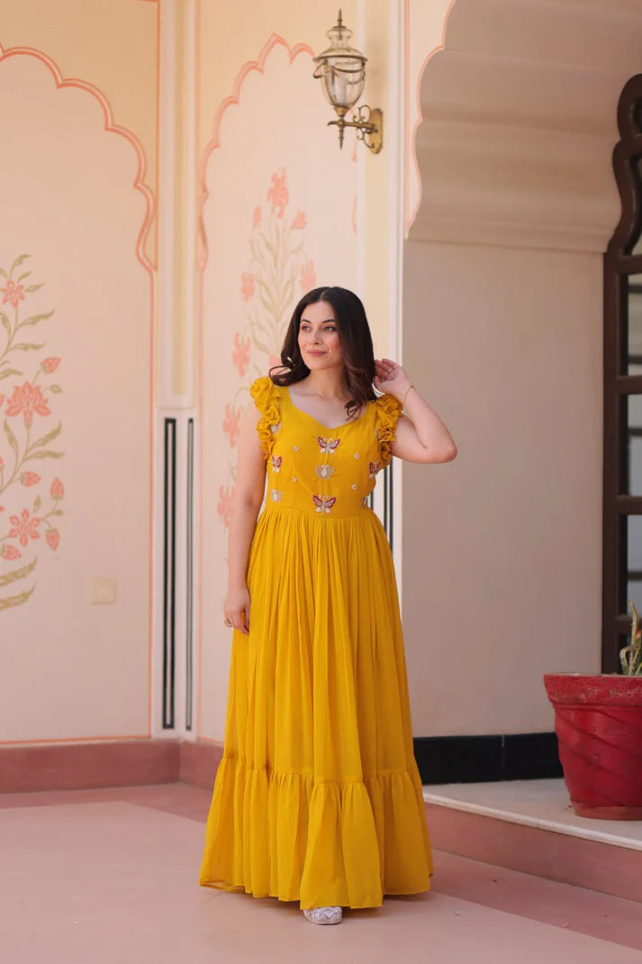 DIXZ FASHION FAUX BLOOMING WITH SEQUINS & EMBROIDERED WORK GOWN