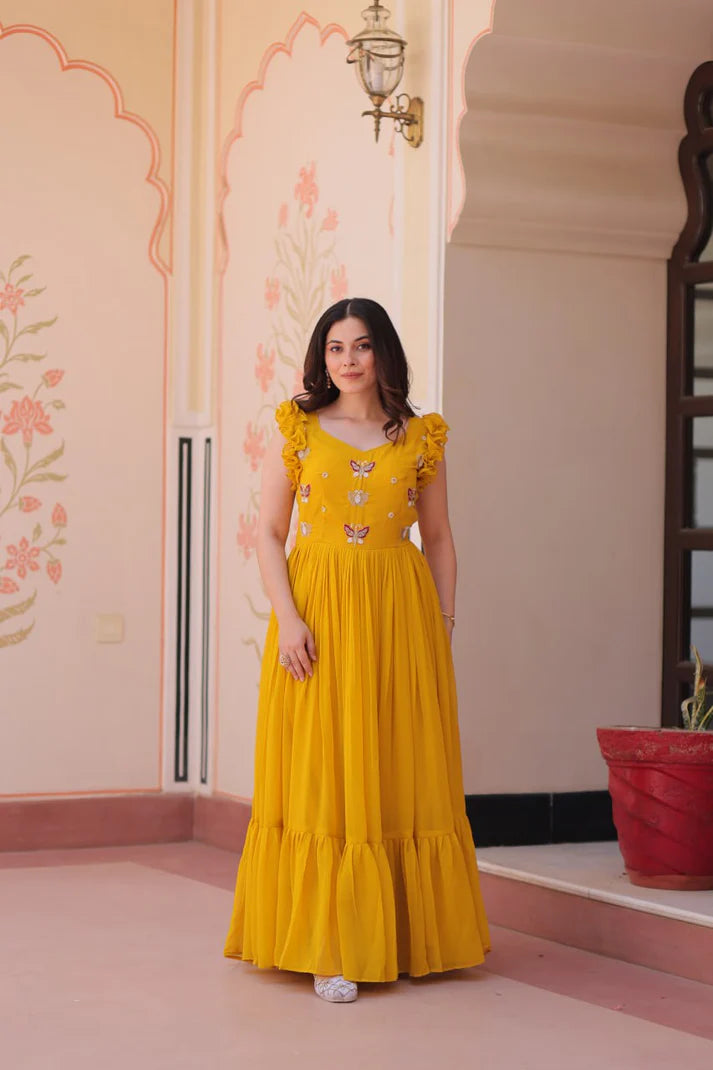 DIXZ FASHION FAUX BLOOMING WITH SEQUINS & EMBROIDERED WORK GOWN