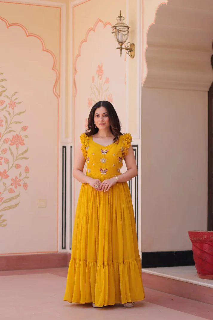 DIXZ FASHION FAUX BLOOMING WITH SEQUINS & EMBROIDERED WORK GOWN