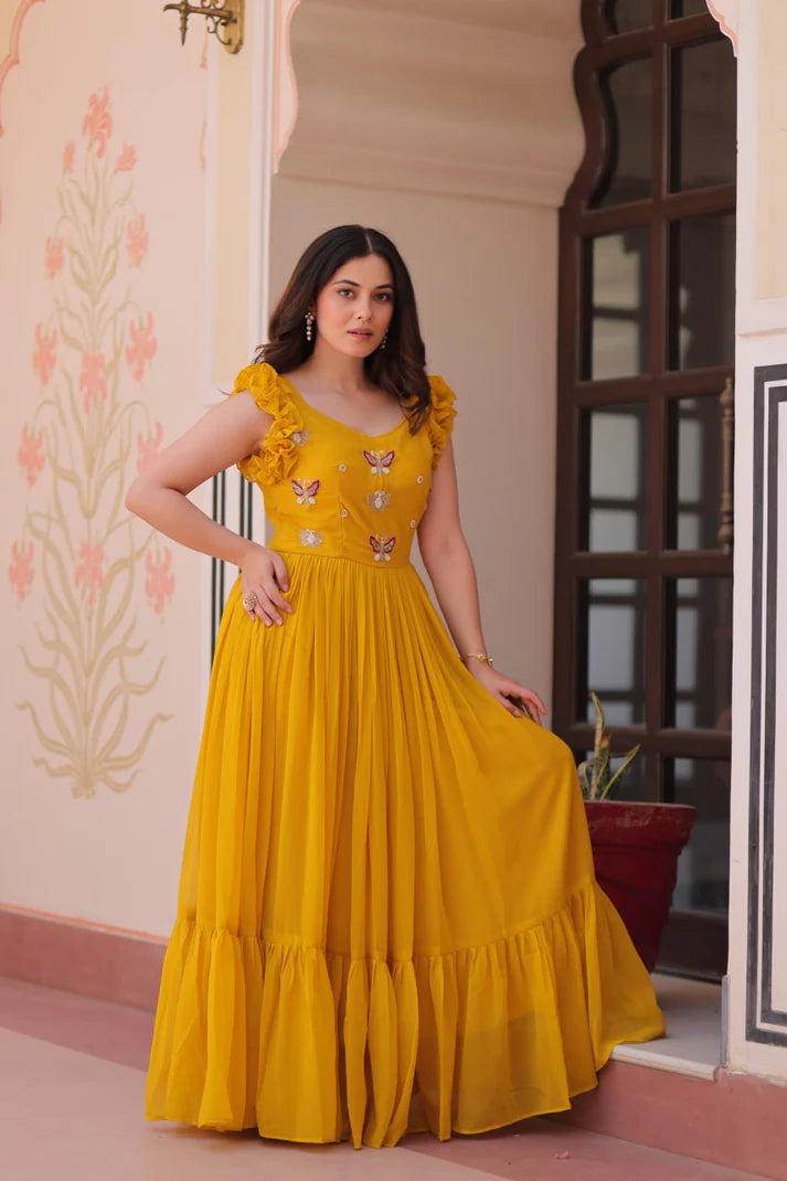 DIXZ FASHION FAUX BLOOMING WITH SEQUINS & EMBROIDERED WORK GOWN
