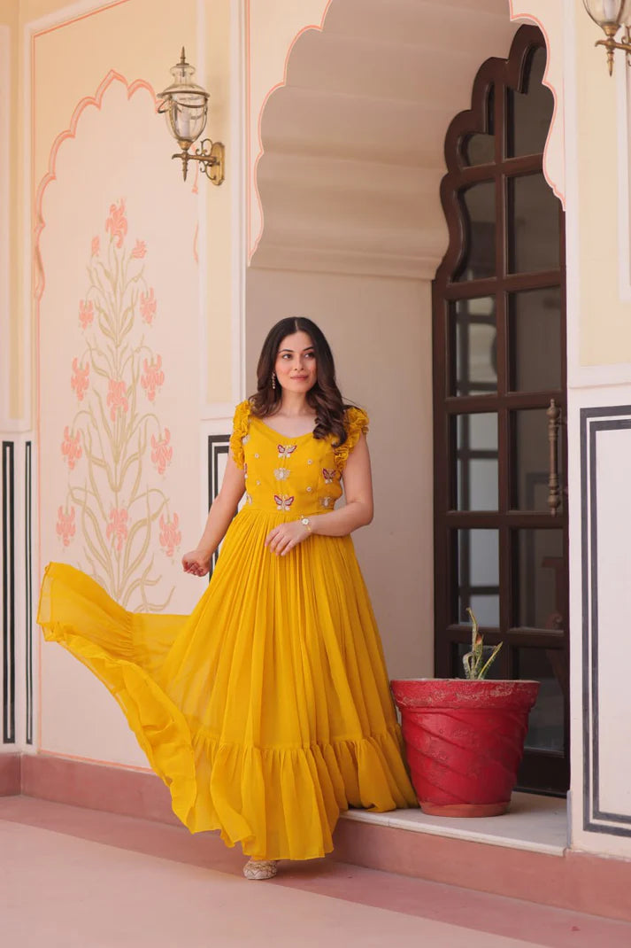 DIXZ FASHION FAUX BLOOMING WITH SEQUINS & EMBROIDERED WORK GOWN