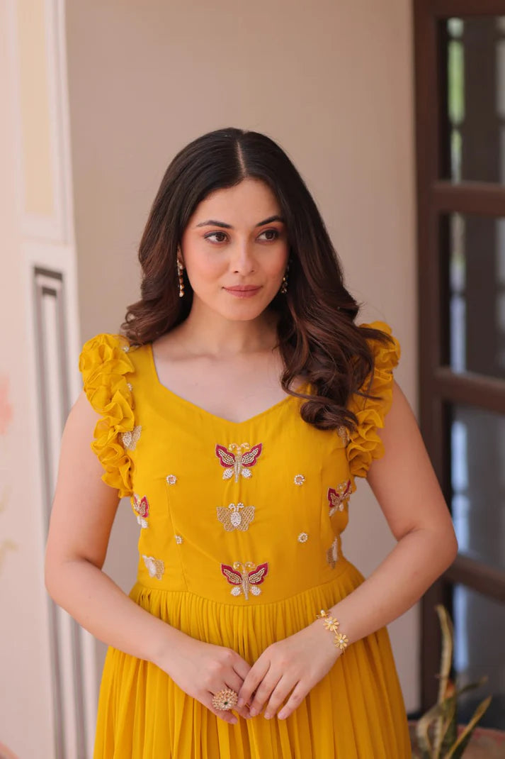 DIXZ FASHION FAUX BLOOMING WITH SEQUINS & EMBROIDERED WORK GOWN