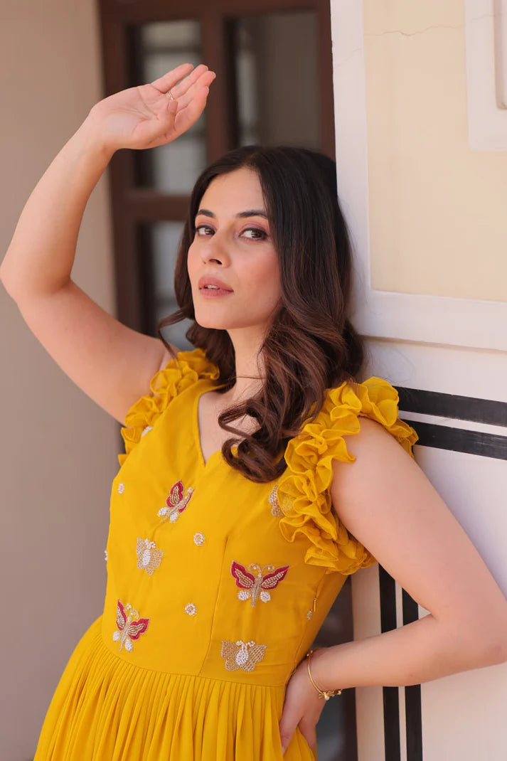 DIXZ FASHION FAUX BLOOMING WITH SEQUINS & EMBROIDERED WORK GOWN
