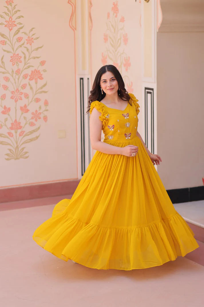 DIXZ FASHION FAUX BLOOMING WITH SEQUINS & EMBROIDERED WORK GOWN