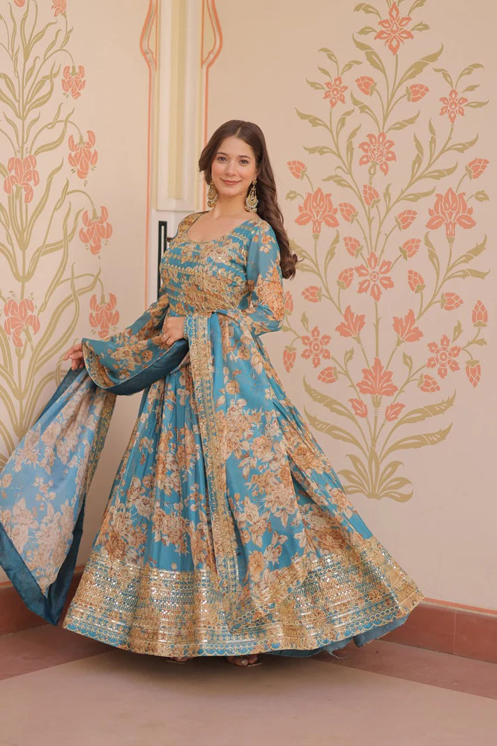 DIXZ FASHION EMBROIDERED RUSSION SILK GOWN WITH DUPATTA