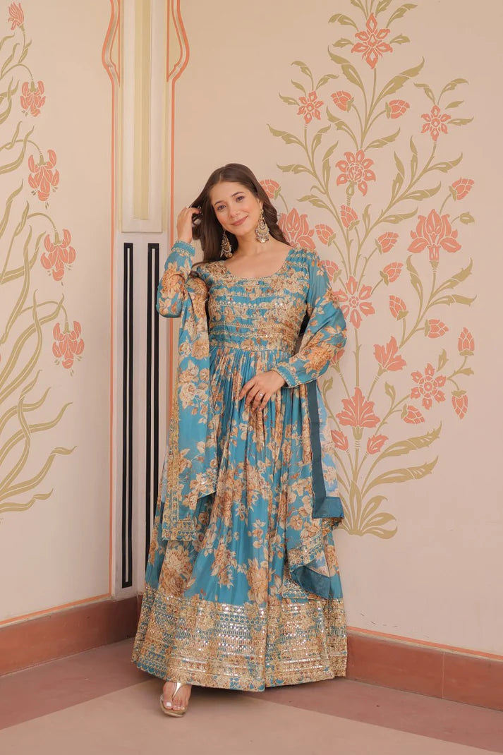 DIXZ FASHION EMBROIDERED RUSSION SILK GOWN WITH DUPATTA