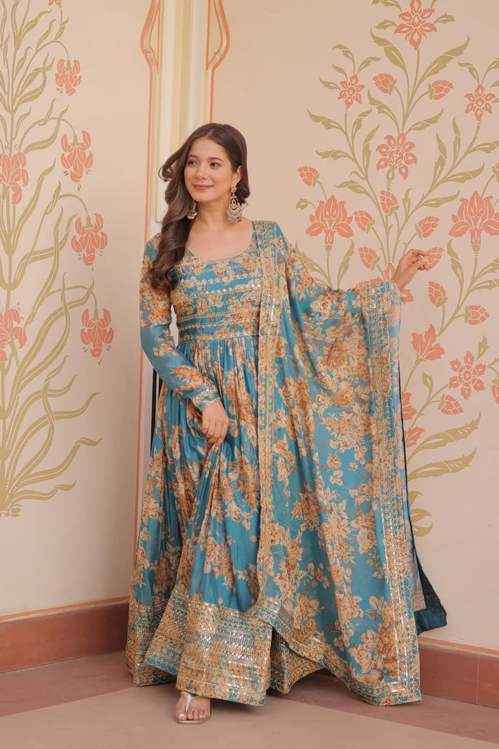 DIXZ FASHION EMBROIDERED RUSSION SILK GOWN WITH DUPATTA
