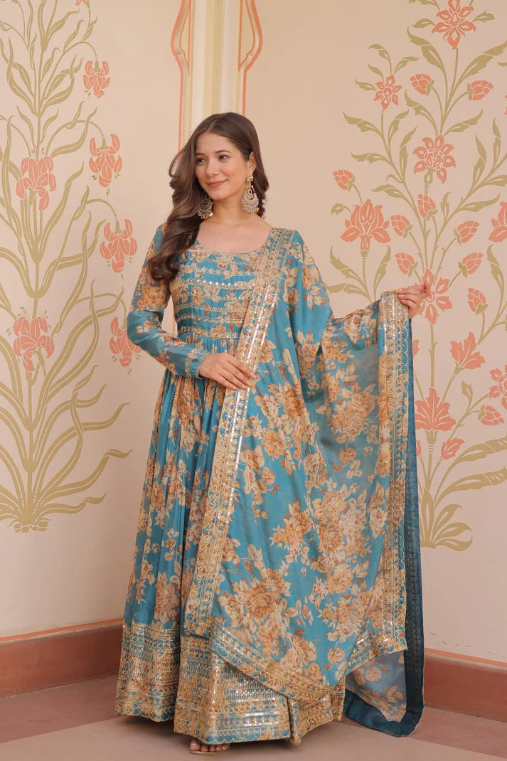DIXZ FASHION EMBROIDERED RUSSION SILK GOWN WITH DUPATTA