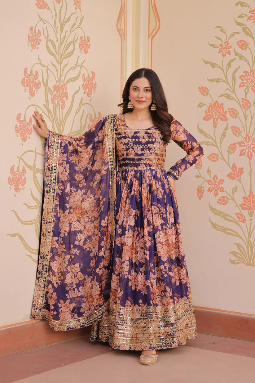 DIXZ FASHION EMBROIDERED RUSSION SILK GOWN WITH DUPATTA
