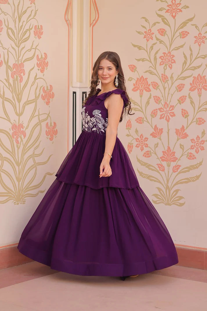 Dixz Fashion Faux Blooming With Beads Embroidered work gown