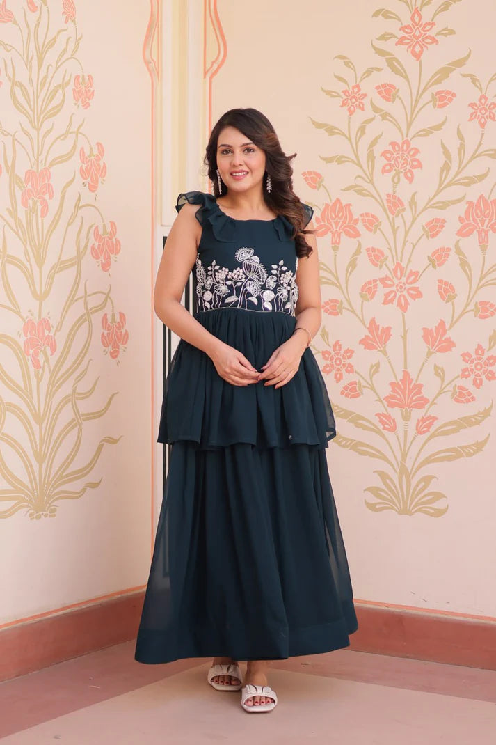 Dixz Fashion Faux Blooming With Beads Embroidered work gown