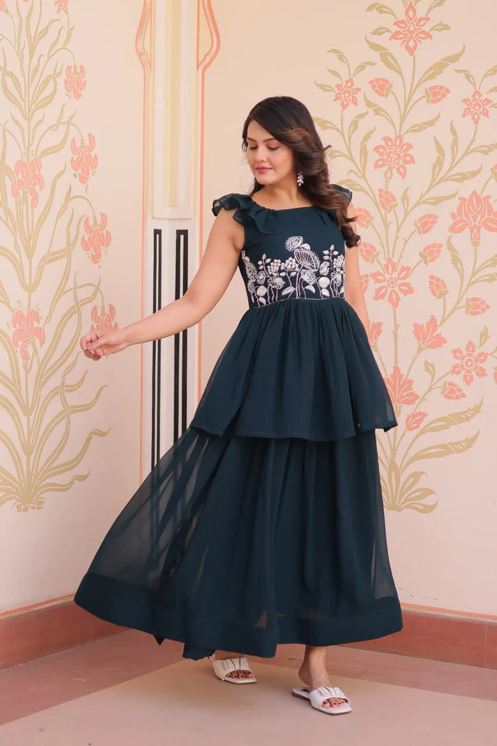 Dixz Fashion Faux Blooming With Beads Embroidered work gown