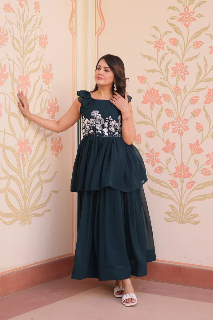 Dixz Fashion Faux Blooming With Beads Embroidered work gown