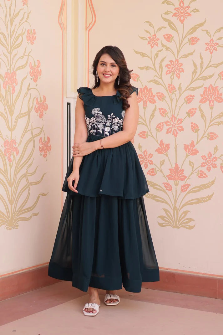 Dixz Fashion Faux Blooming With Beads Embroidered work gown