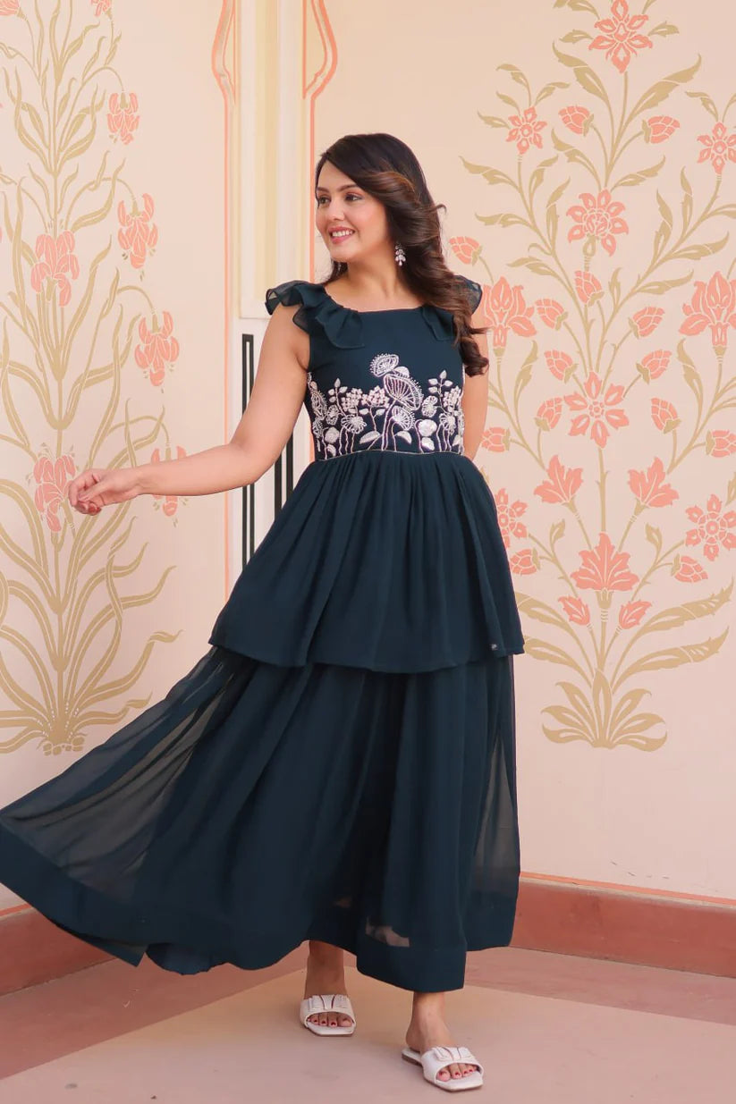 Dixz Fashion Faux Blooming With Beads Embroidered work gown