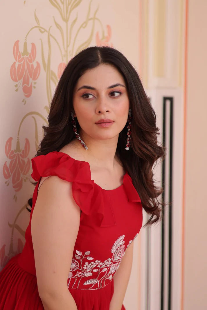 Dixz Fashion Faux Blooming With Beads Embroidered work gown