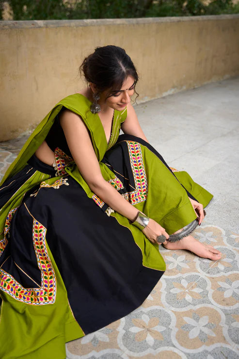Dixz Fashion Traditional vibes with a twist—Gamthi and cowrie lace make this cotton lehenga