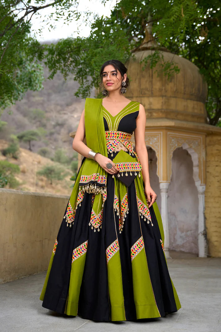 Dixz Fashion Traditional vibes with a twist—Gamthi and cowrie lace make this cotton lehenga