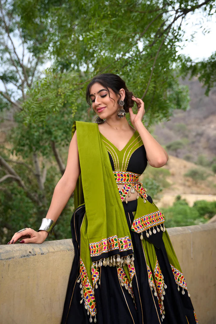 Dixz Fashion Traditional vibes with a twist—Gamthi and cowrie lace make this cotton lehenga