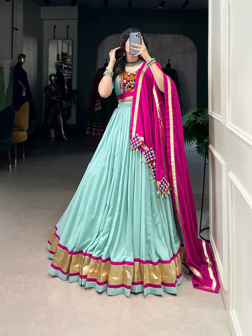 Dixz Fashion Pure Rayon Embossed Design Lace Touch Up Navaratri Lehenga