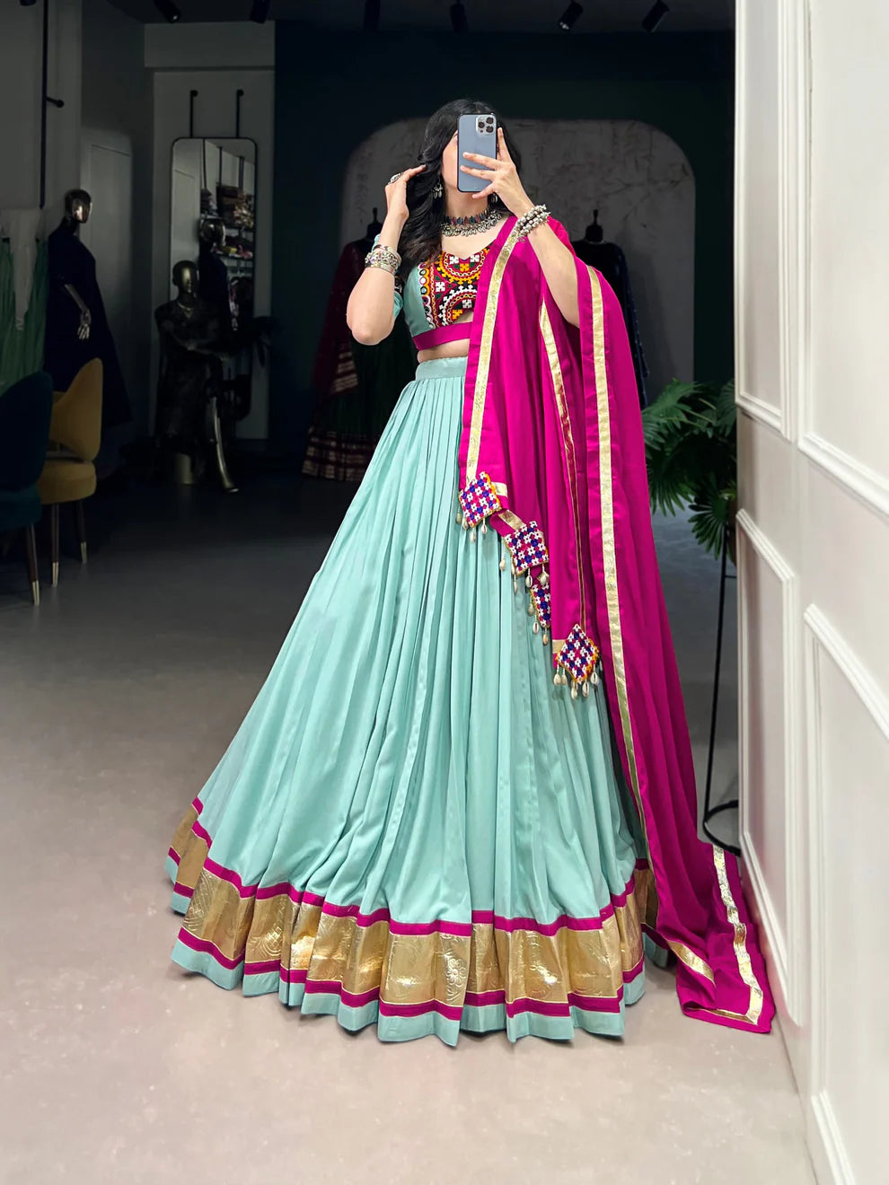 Dixz Fashion Pure Rayon Embossed Design Lace Touch Up Navaratri Lehenga