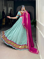 Dixz Fashion Pure Rayon Embossed Design Lace Touch Up Navaratri Lehenga