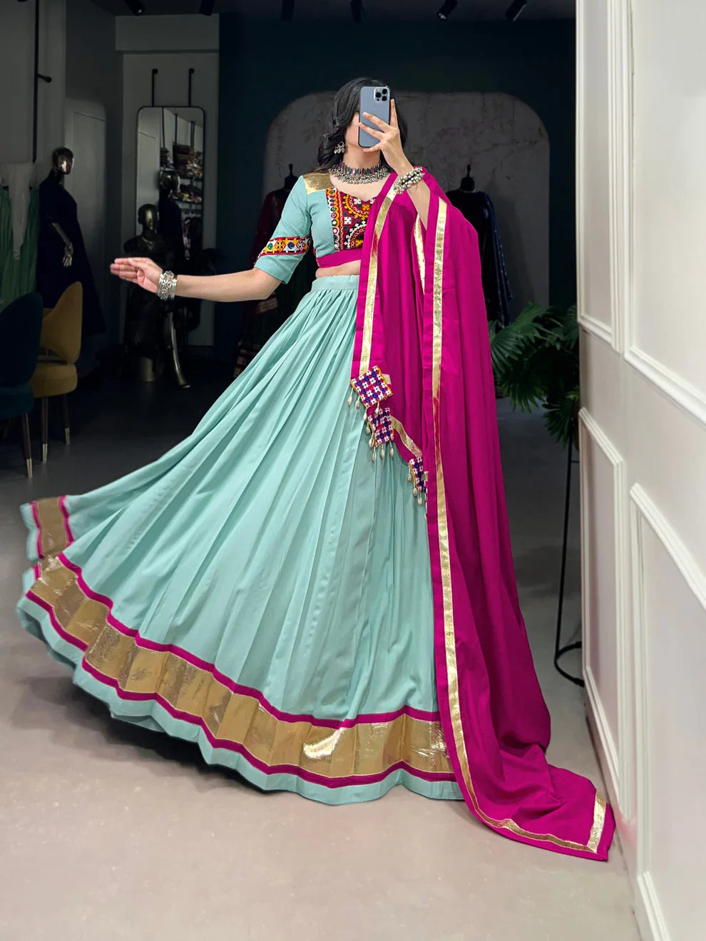 Dixz Fashion Pure Rayon Embossed Design Lace Touch Up Navaratri Lehenga