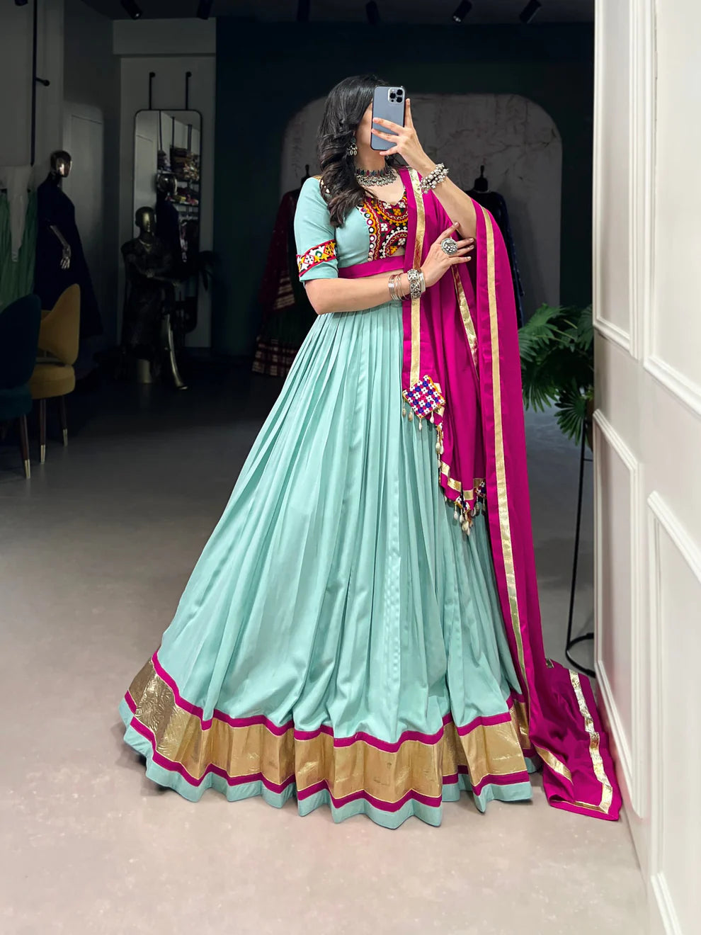 Dixz Fashion Pure Rayon Embossed Design Lace Touch Up Navaratri Lehenga