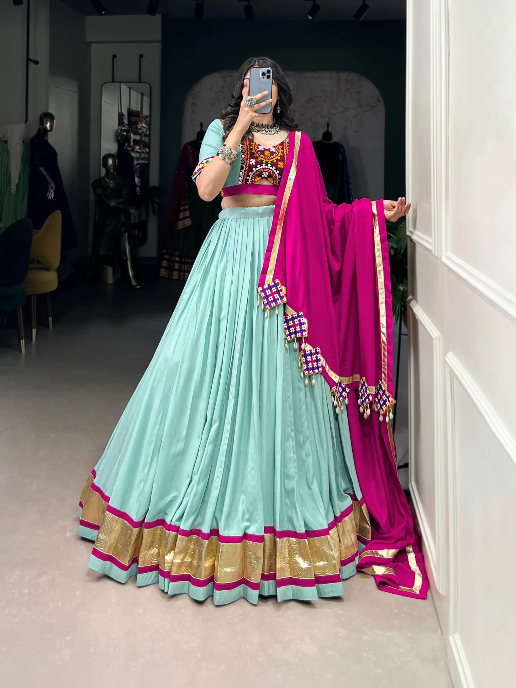 Dixz Fashion Pure Rayon Embossed Design Lace Touch Up Navaratri Lehenga