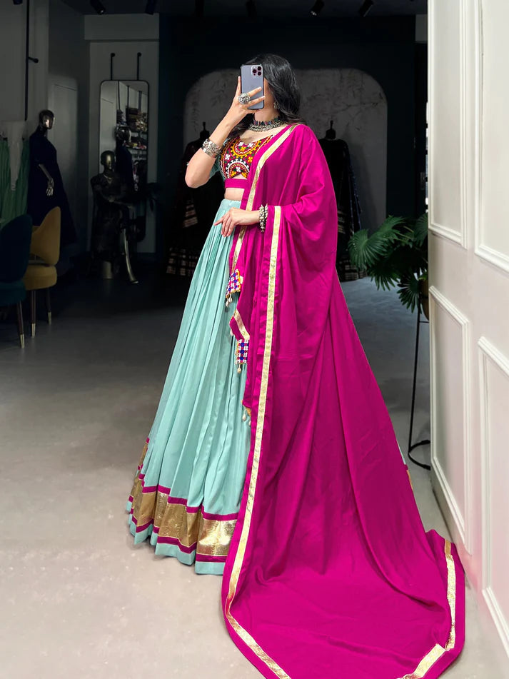 Dixz Fashion Pure Rayon Embossed Design Lace Touch Up Navaratri Lehenga