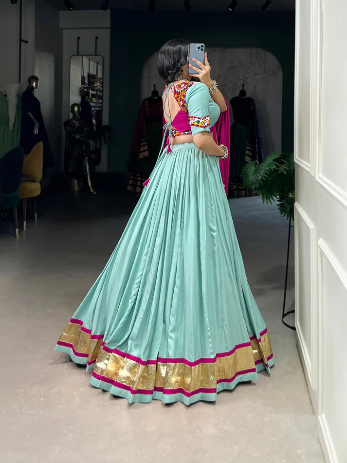 Dixz Fashion Pure Rayon Embossed Design Lace Touch Up Navaratri Lehenga