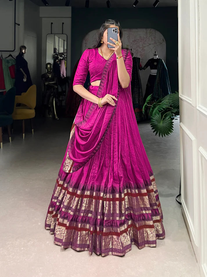 Dixz Fashion Pure Chanderi Plain With Zari Weaving Work Border Navaratri Lehenga Choli