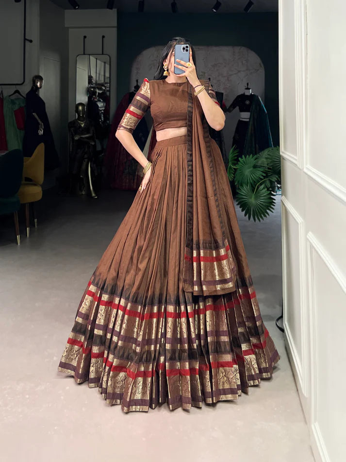Dixz Fashion Pure Chanderi Plain With Zari Weaving Work Border Navaratri Lehenga Choli