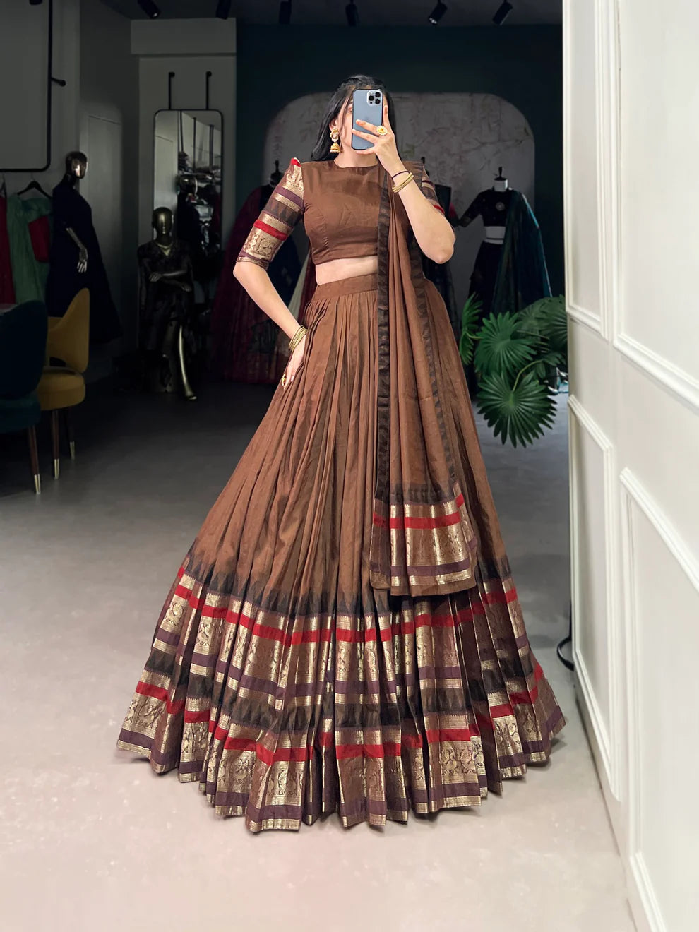Dixz Fashion Pure Chanderi Plain With Zari Weaving Work Border Navaratri Lehenga Choli