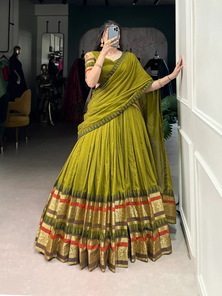 Dixz Fashion Pure Chanderi Plain With Zari Weaving Work Border Navaratri Lehenga Choli