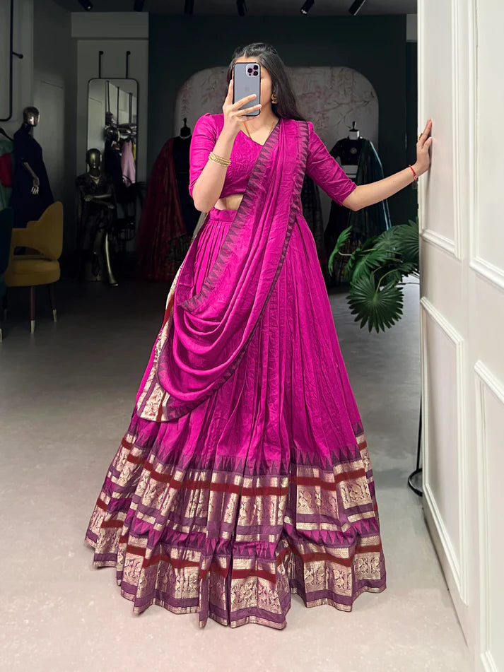 Dixz Fashion Pure Chanderi Plain With Zari Weaving Work Border Navaratri Lehenga Choli