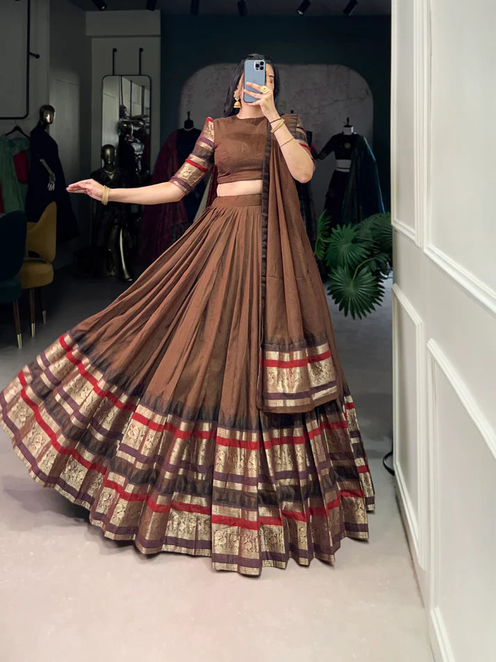 Dixz Fashion Pure Chanderi Plain With Zari Weaving Work Border Navaratri Lehenga Choli