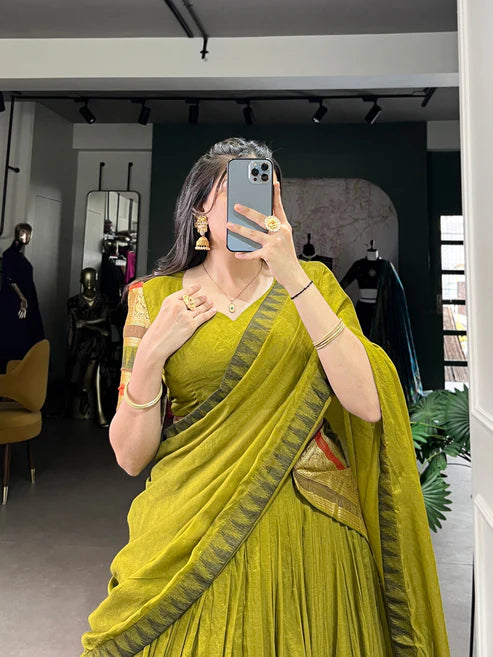 Dixz Fashion Pure Chanderi Plain With Zari Weaving Work Border Navaratri Lehenga Choli