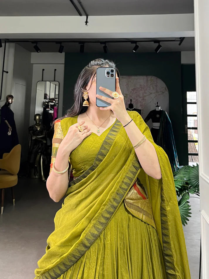 Dixz Fashion Pure Chanderi Plain With Zari Weaving Work Border Navaratri Lehenga Choli