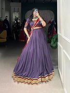 Dixz Fashion Pure Rayon Embossed Design With Sequins Lace Boarder Navratri lehenga