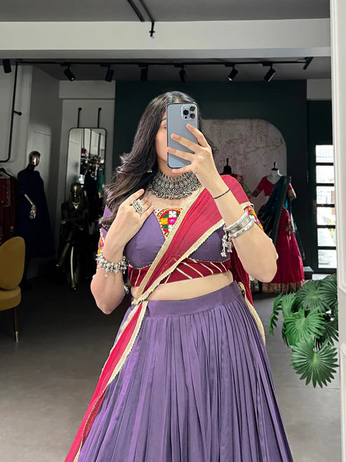 Dixz Fashion Pure Rayon Embossed Design With Sequins Lace Boarder Navratri lehenga