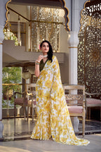 Dixz Fashion Weightless Marbal Foral Print With Pearl Lace Border Saree